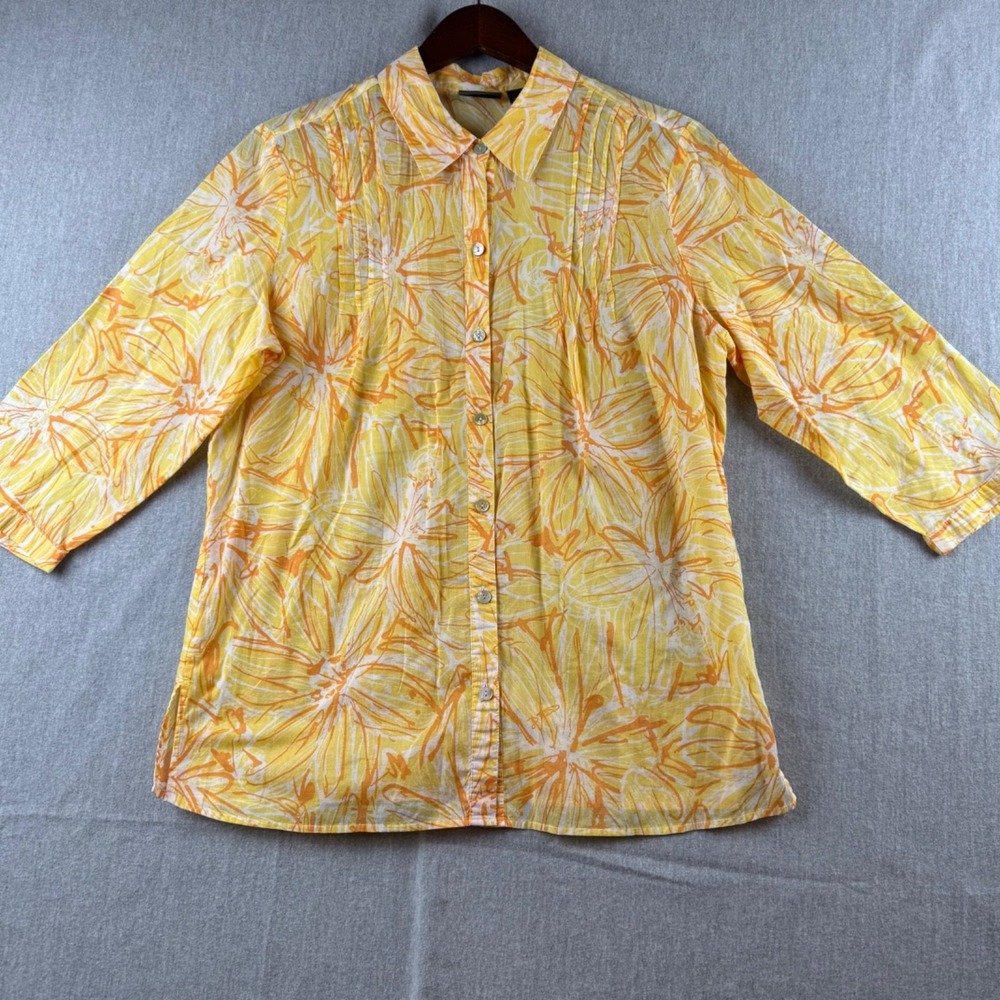 Additions by Chico's Blouse Women's‎ Size 2 LG Yellow Orange Floral Cotton Shirt